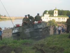 Military Performance on the Velikaya river. Re inactment of the Battle 1944 year of the Liberation of Pskov
