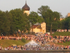 Pskov city. Military Performance on the Velikaya river. July 23, was River crossing on the Velikaya river, and gala firework.