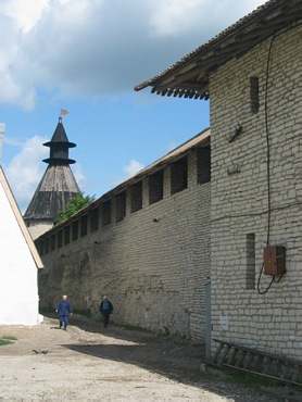 Pskov city. Kremlin with Walls and Towers on photos.