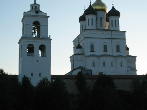 Trinity Cathedral with Belfry in Kremlin Pskov city, East side.