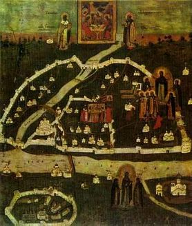The View of Pskov on the icon from the chapel of our Lord Cross. The 18th century.