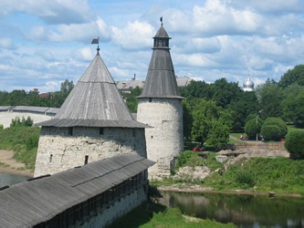 The Vysokaya (High) and the Ploskaya (Flat) Towers in estuary of Pskova river. In ancient times Pskov called Pleskov
