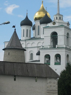 Tower Velikaya near with Cathedral in Kremlin, Pskov city.