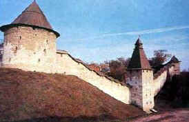 Pskov region. The walls and towers of the Pechory Monastery. Fortress.