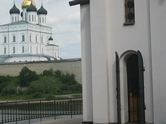 Pskov city, Trinity Cathedral in Kremlin, 17 century. Vew from the St. Olga Chapel.