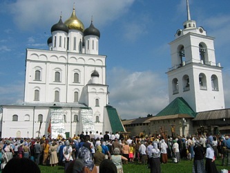 Pskov city. Kremlin with Trinity Cathedral and Belfry.