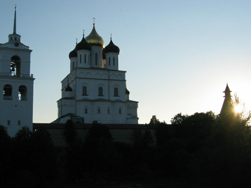 Trinity Cathedral with Belfry in Kremlin Pskov city, East side.