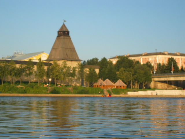 Tower on the bank of the Velikaya river. Here is restaurant "Russ" now, in the tower.